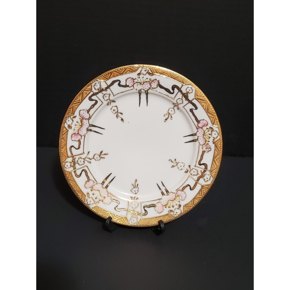 Nippon Hand Painted 6.25" Plate Cherry Blossom Gold Gilt Ribbon Moriage Antique